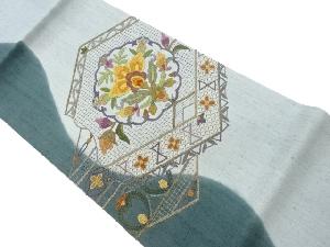 リサイクル　手織紬汕頭相良刺繍草花に抽象模様袋帯